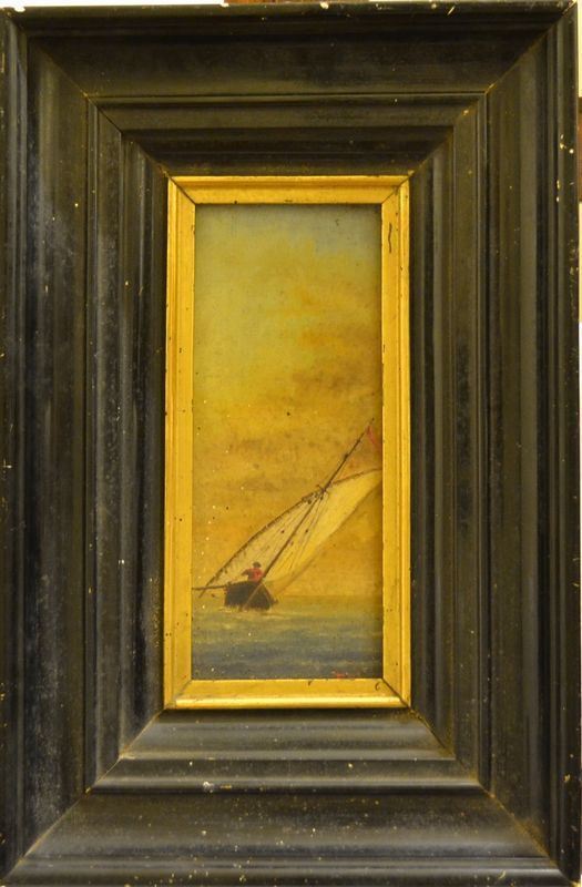 A firma Tullio   LA BARCA A VELA   olio su cartoncino, cm 24x10,5  - Asta Arredi, oggetti d'arte, dipinti - Poggio Bracciolini Casa d'Aste