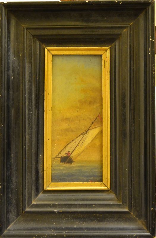 A firma Tullio   LA BARCA A VELA   olio su cartoncino, cm 24x10,5