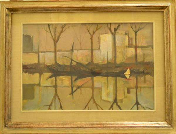 A firma L. Papasogli   BARCHE SUL FIUME   olio su tela, cm 30x45, firmato
