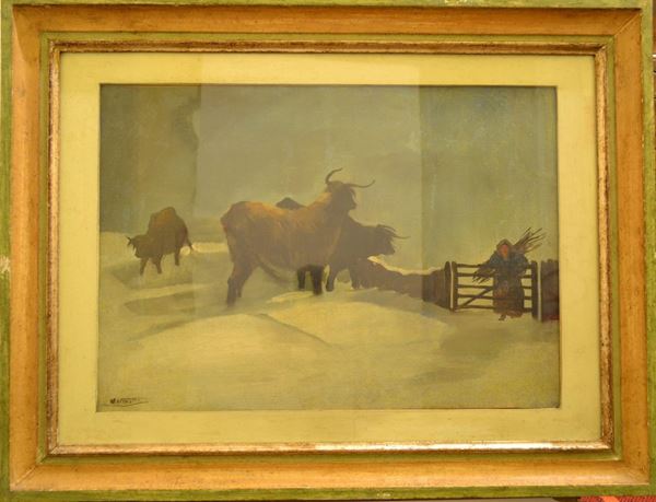 A firma Volpi   BUOI NELLA NEVE   olio su tela, cm 37x52,5   firmato