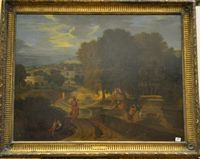 Scuola francese, secc. XVII-XVIII   PAESAGGIO CON ARCHITETTURE CLASSICHE E FIGURE   olio su tela, cm 98x130, senza cornice