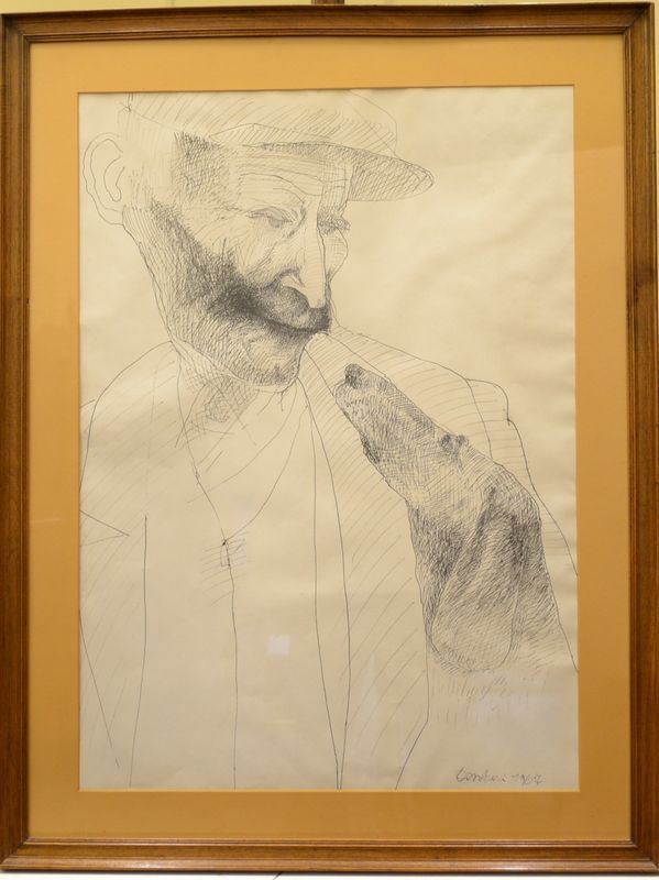 Venturino Venturi   UOMO CON CANE   china su carta, cm 70x50   firmato e datato   eseguito nel 1967