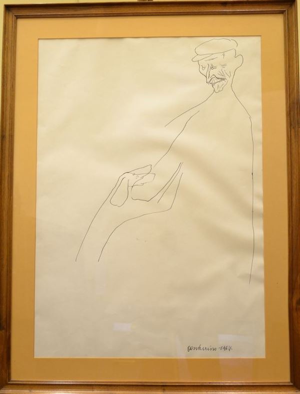 Venturino Venturi   RITRATTO MASCHILE CON CANE   china su carta, cm 70x50   firmato e datato   eseguito nel 1967  - Asta Arredi, oggetti d'arte, dipinti - Poggio Bracciolini Casa d'Aste