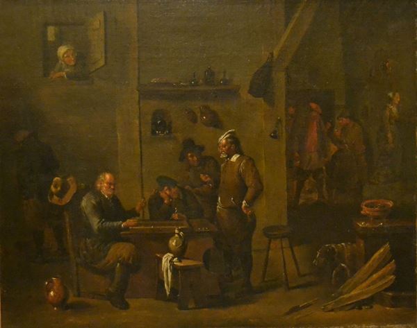 Scuola Fiamminga, sec. XVIII,  INTERNO CON FIGURE,  olio su tela, cm 71x57,5, piccoli restauri, rintelato