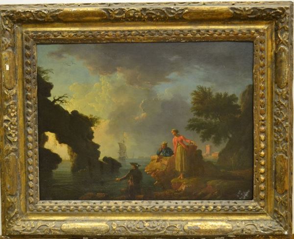 Pittore francese seguace di Vernet, sec. XVII PAESAGGIO MARINO CON FIGURE olio su tela, cm 49,5x67