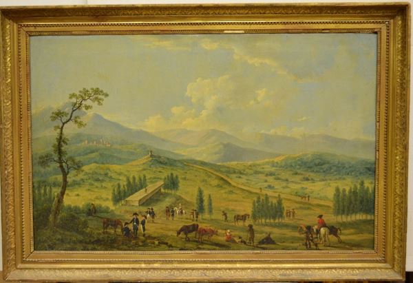 Scuola Italia settentrionale, fine sec. XVIII-inizi sec. XIX PAESAGGIO CON FIGURE olio su tela, cm 57x90