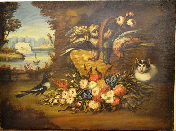 Scuola Italia settentrionale, sec. XVIII CACCIAGIONE E FIORI IN UN PAESAGGIO olio su tela, cm 73x98