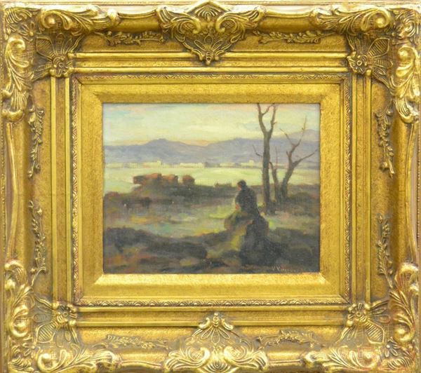 Vincenzo Vincinguerra (Caccamo 1922)   PAESAGGIO CON FIGURE  olio su cartone telato, cm 25x30