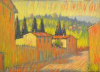 Dino Migliorini ( Rignano sull' Arno 1907-2005 )  BORGO DI CASE olio su masonite, cm 70x50