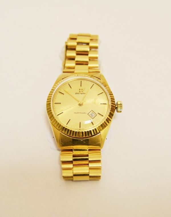 Orologio da polso per signora, Zenith, automatico, con datario, cassa e bracciale in oro giallo, g 66,4 (cassa con difetti)