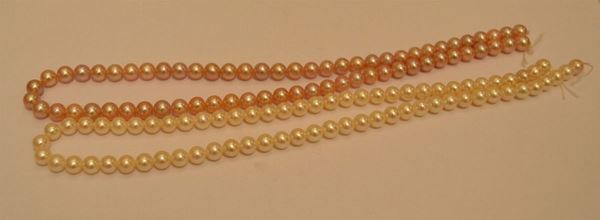 Filo di perle di acqua dolce, mm 5,5, e collana di perle di fiume rosa cupo, mm 6 (2)