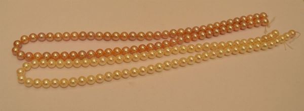 Filo di perle di acqua dolce, mm 5,5, e collana di perle di fiume rosa cupo, mm 6 (2)