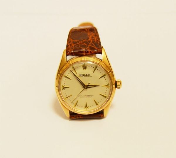 Orologio da polso rolex anni 60' cassa in oro giallo , quadrante argente', movimento automatico cinturino in pelle  ref. 110025  (non funzionante)