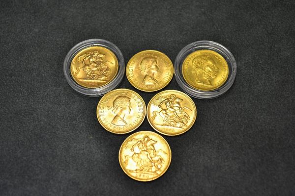 Sei monete sterline in oro giallo g 48 (6)  - Asta Arredi, oggetti d'arte, dipinti - Poggio Bracciolini Casa d'Aste
