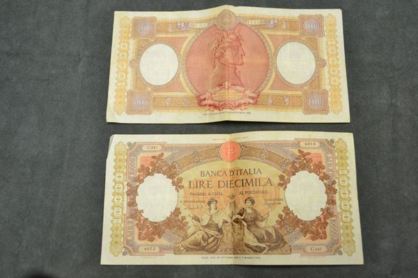 Cinque banconote da Lire diecimila prima serie con profilo di Dante e busti di Galileo e Michelangelo, dim. mm 246x125, filigranate