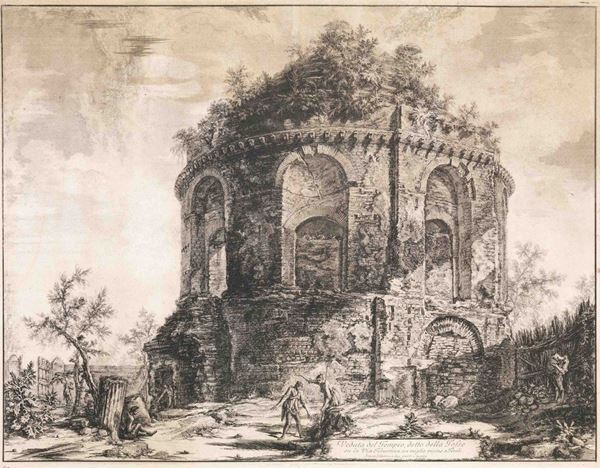Giovanni Battista Piranesi (Modigliano Veneto 1720 - Roma 1778) VEDUTA DEL TEMPIO DETTO DELLA TOSSE. 1763 acquaforte. mm 443x579. firmata sulla lastra in basso a sinistra. I stato su 4.  Bella impressione stampata su carta vergellata. Grandi margini, controfondata su cartone, macchie, tracce dâ€™uso e di ossidazione.  Bibliografia: A. M. Hind, Giovanni Battista Piranesi. A critical study. With a list of his published works and detailed catalogues of the Prisons and the Views of Rome, Londra 1922, n.69