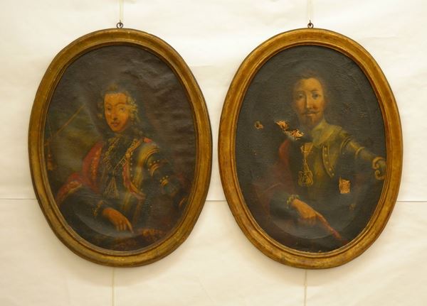Scuola Italiana, sec. XVIII,   PERSONAGGI,  coppia di dipinti ovali su tela, cm 70x94,   rotture e mancanze   ( 2 )