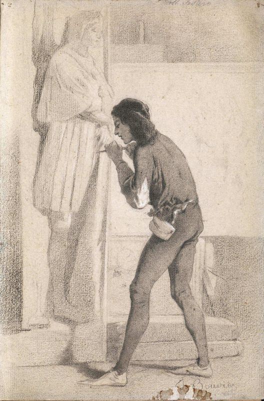 Pietro Bouvier   (Milano 1839 - Milano 1927)   RAFFAELLO SCULTORE   matita nera con rialzi a matita bianca. mm 220x142   firmato   sul retro iscritto: Pietro Bouvier da un acquerello di G. Bertini