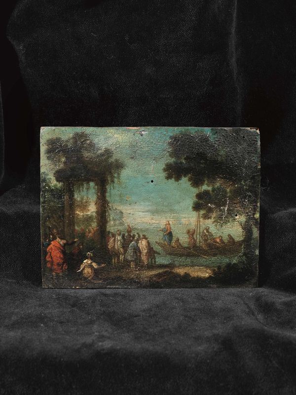 Giuseppe Manfredini   (Milano 1754 - Brescia 1815)   PREDICA DI GESU', DA STAMPA DI CALLOT   olio su tavoletta, cm 9x12