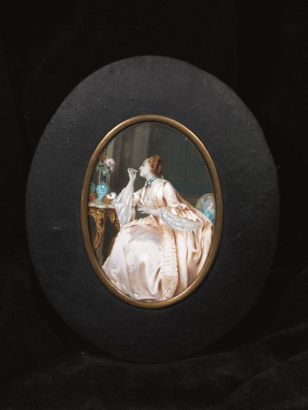 Scuola francese, sec. XIX   GENTILDONNA ALLA TOILETTE   miniatura su avorio, cm 10x6