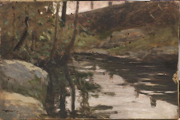 Scuola lombarda, sec. XIX   PAESAGGIO SUL FIUME   olio su tavoletta, cm19,5x29,5