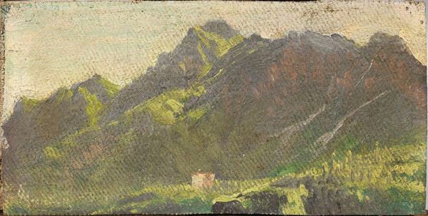Emilio Magistretti   (Milano 1851 - 1936)   VEDUTA DI PESCARENA   olio su cartoncino telato, cm 6x16