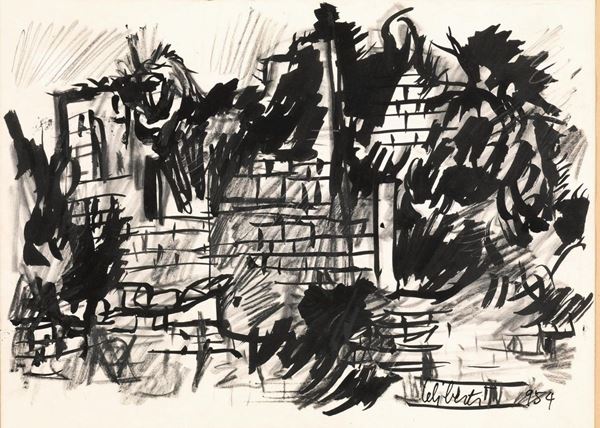 Giorgio Celiberti   (Udine 1929)   PAESAGGIO CON ROVINE. 1954   inchiostro nero e carboncino su carta. mm 240x334   firmato e datato â€œ954â€