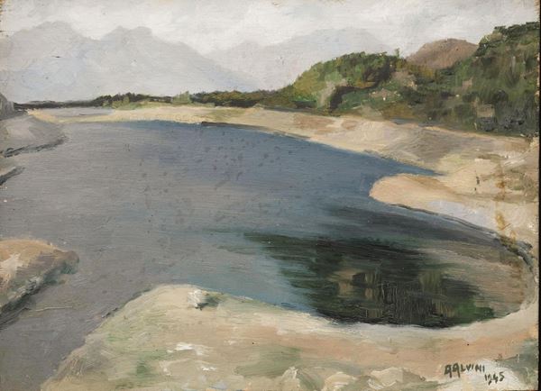 Firmato A.Alvini   PAESAGGIO   olio su tavoletta, cm 26x35   firmato e datato A. Alvini1945