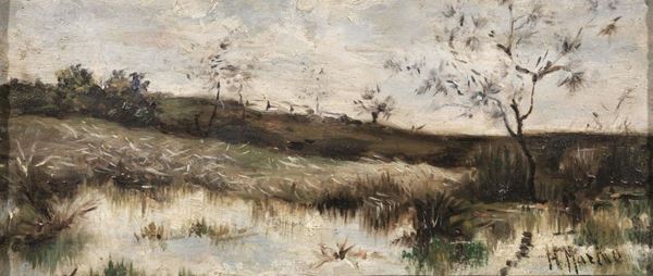 Henry Marko   (Firenze 1855 - Lavagna 1921)   PAESAGGIO PALUSTRE   olio su compensato, cm 11x25   firmato   sul retro iscritto: Ai carissimi zii ricordo delle nipoti Ida ed Emma Gennari. Roma 15 luglio 1898