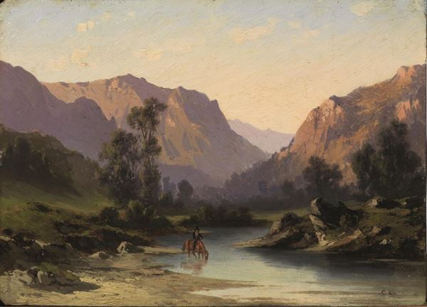 Scuola del sec. XIX   PAESAGGIO CON FIUME  olio su metallo, cm 17x23   siglato CC