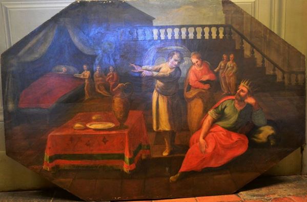Scuola toscana, sec.XVII   SCENA BIBLICA   olio su tavola ottagonale, cm 121,5x190 senza cornice
