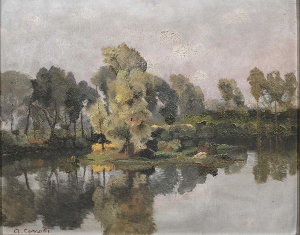 Alfonso Corradi   (Castelnuovo di Sotto 1889 - Milano 1972)   PAESAGGIO FLUVIALE   olio su cartoncino, cm 33x43   firmato