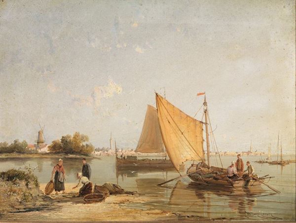 William Raymond Dommersen   (Germania 1850-1927)   BARCHE SULLO SCHELDT   olio su tela, cm 30x40   frmato