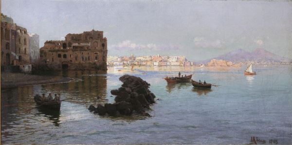 Scuola Napoletana, sec. XIX   NAPOLI   olio su tela, cm 40,5x81,5   firmato Albino e datato 1908