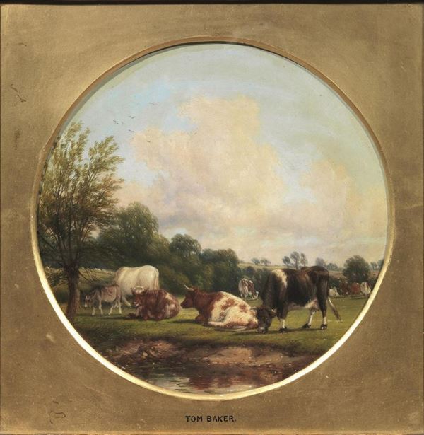 Scuola Inglese, sec. XIX   PAESAGGIO CON ARMENTI   olio su tela, diam. cm 26