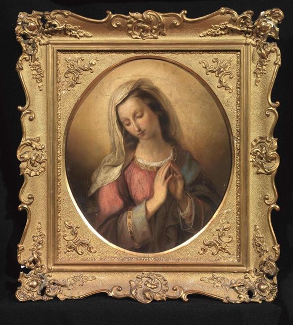Seguace di Giacomo Trecourt, sec. XIX   VERGINE IN PREGHIERA   olio su tela entro cornice ovale, cm 30,5x26