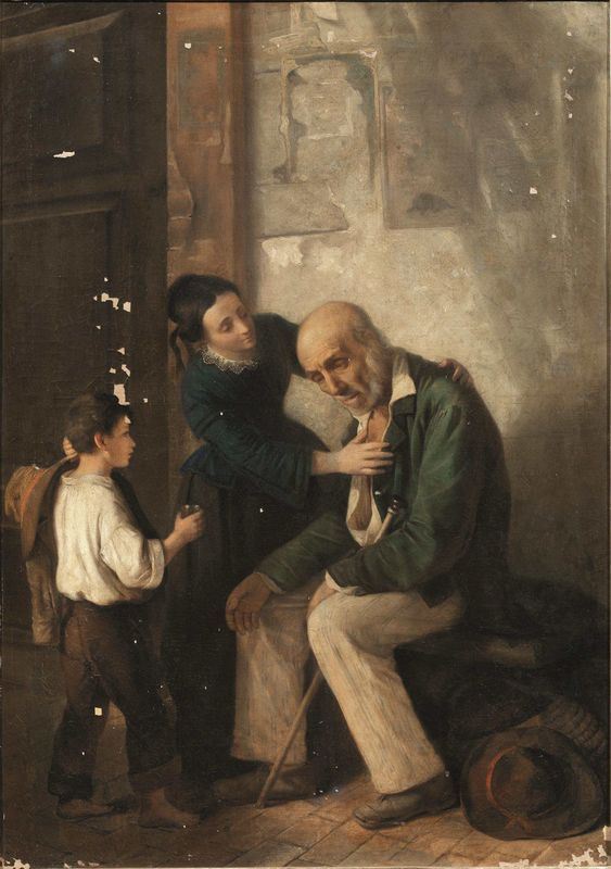 Scuola italiana, sec. XIX   SCENA CON MENDICANTE   olio su tela, cm 112x80