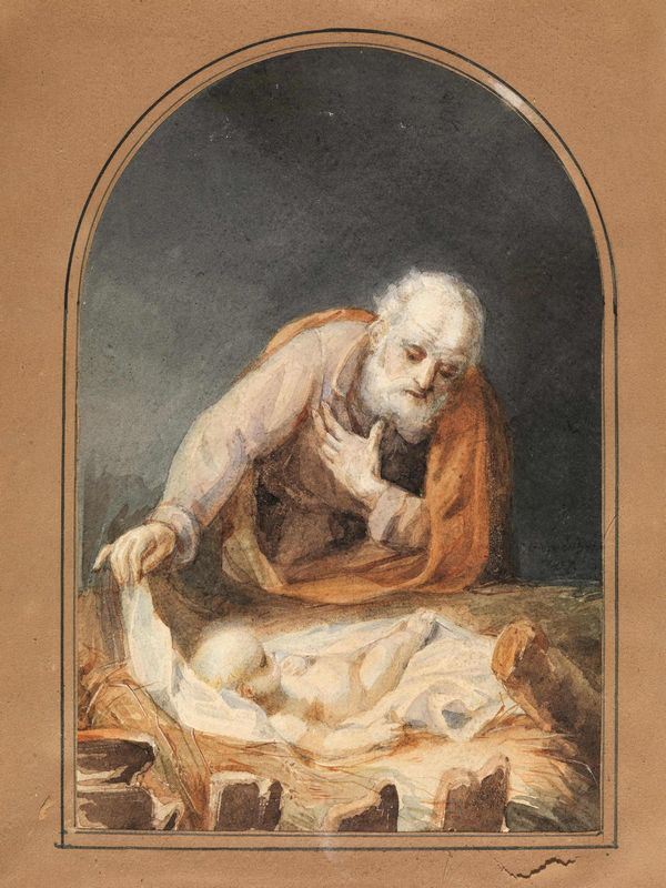 Anonimo italiano del XIX secolo   SAN GIUSEPPE E IL BAMBINO GESÃš. 1857   Matita di grafite e acquerello policromo su carta. mm 187x128.   Firmato â€œGiosuÃ© B (?) feceâ€. In cornice.