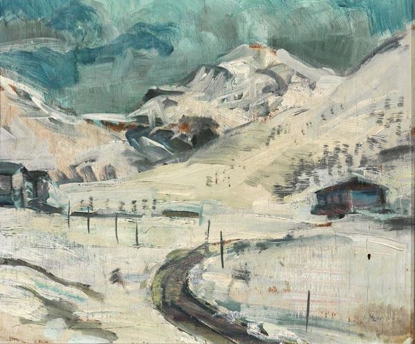 Donato Frisia   (Merate, Como 1883 - 1953)   PAESAGGIO INNEVATO   olio su tavoletta, cm 25x35