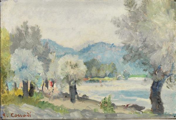 Alfonso Corradi   (Castelnuovo di Sotto 1889 - Milano 1972)   SCORCIO DI PAESAGGIO CON ALBERI   olio su cartoncino, cm 15x22   firmato