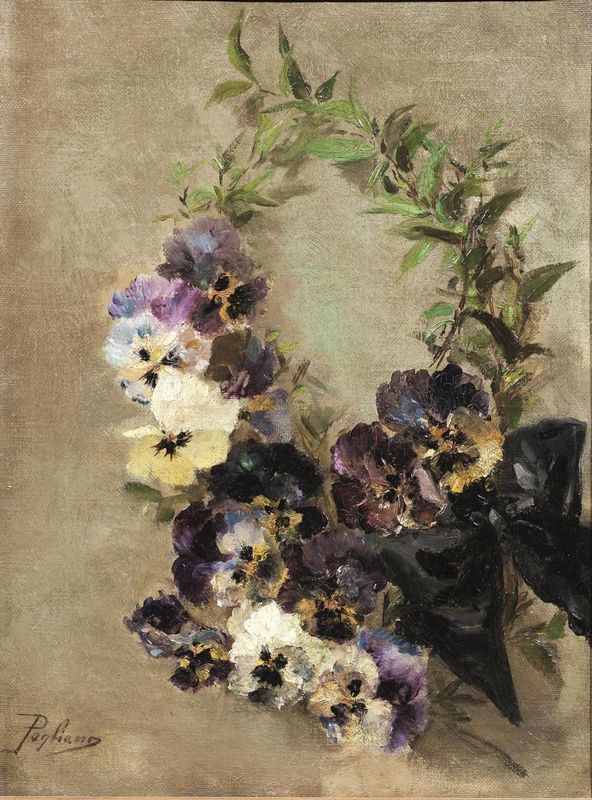 Eleuterio Pagliano   (Casale Monferrato 1826 - Milano 1903)   GHIRLANDA DI FIORI    olio su tela, cm 45x35   firmato
