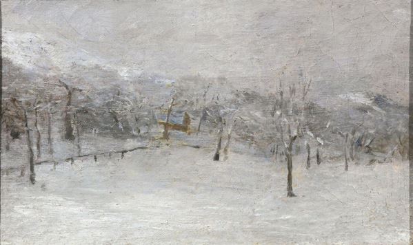 Achille Tominetti   (Milano 1848 - Miazzina (NO) 1917)   PAESAGGIO INNEVATO   olio su tavoletta, cm 20x34
