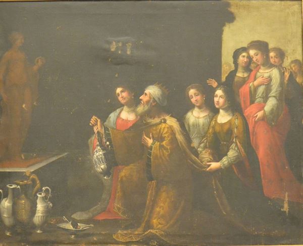 Scuola Italiana, sec. XVII,   FIGURE IN ADORAZIONE,   olio su tela, cm 145x117