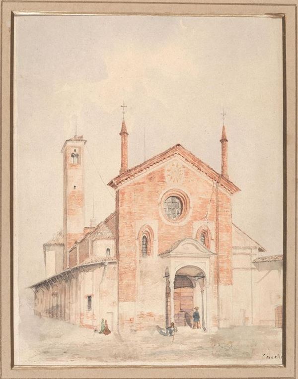Attribuito a Carlo Canella   (Verona 1800 - Milano 1879)    SANTA MARIA DELLA PACE A MILANO ca. 1855   Acquerello e matita di grafite su carta. mm 260x200   Firmato
