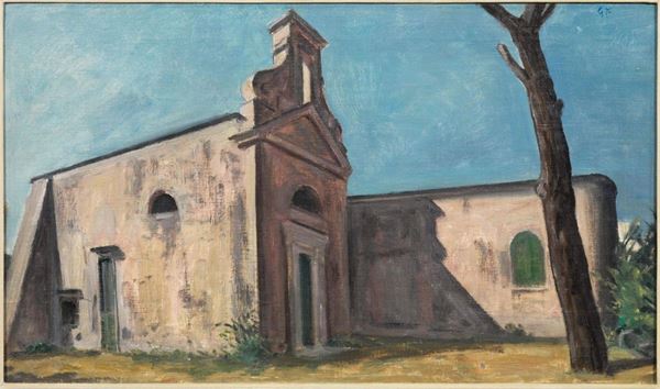 Gianfilippo Usellini   (Milano 1903 - Arona 1971)    SCORCIO DI CHIESA A ISCHIA  olio su cartoncino, cm 40x68   siglato GF   L'opera Ã¨ accompagnata da autentica su fotografia della figlia in data 23/6/1987