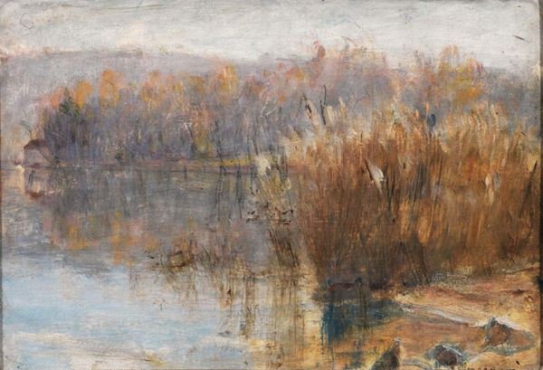 Remo Taccani   (Milano 1891 - 1973)   LAGO D'ORTA   olio su tavola, cm 20,5x29,5   firmato