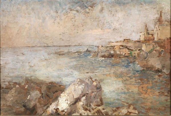 Vittorio Castagneto   (Rapallo 1875 - Torino 1958)   MARINA   olio su tela, cm 50x60 circa   firmato