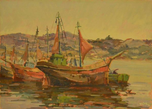 Angiolo Volpe   ( Grottaminarda 1838-Napoli 1894 )   MARINA CON BARCHE   olio su tela, cm 70x50