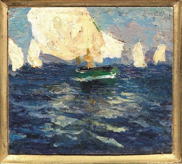 Ludovico Cavalieri   (Milano 1867 - Cento 1942)   BARCHE   olio su cartone, cm 10x12   firmato e datato 1922