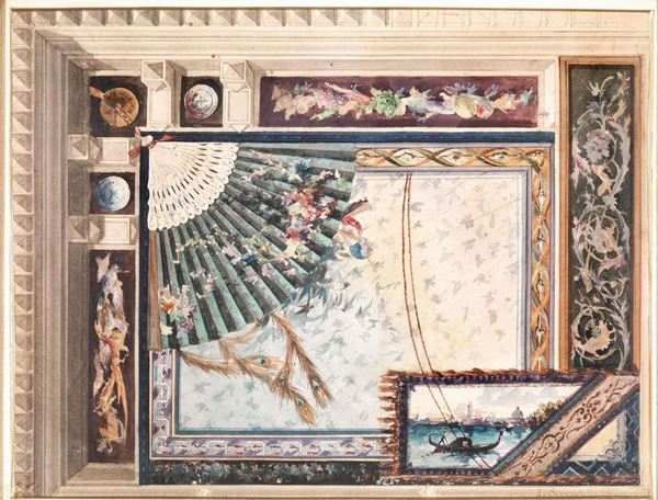 Luigi Scrosati   (Milano 1815 - 1869)   BOZZETTO PER DECORAZIONE DI UN SOFFITTO   acquerello policromo e penna nera su carta. mm 400x520.  firmato